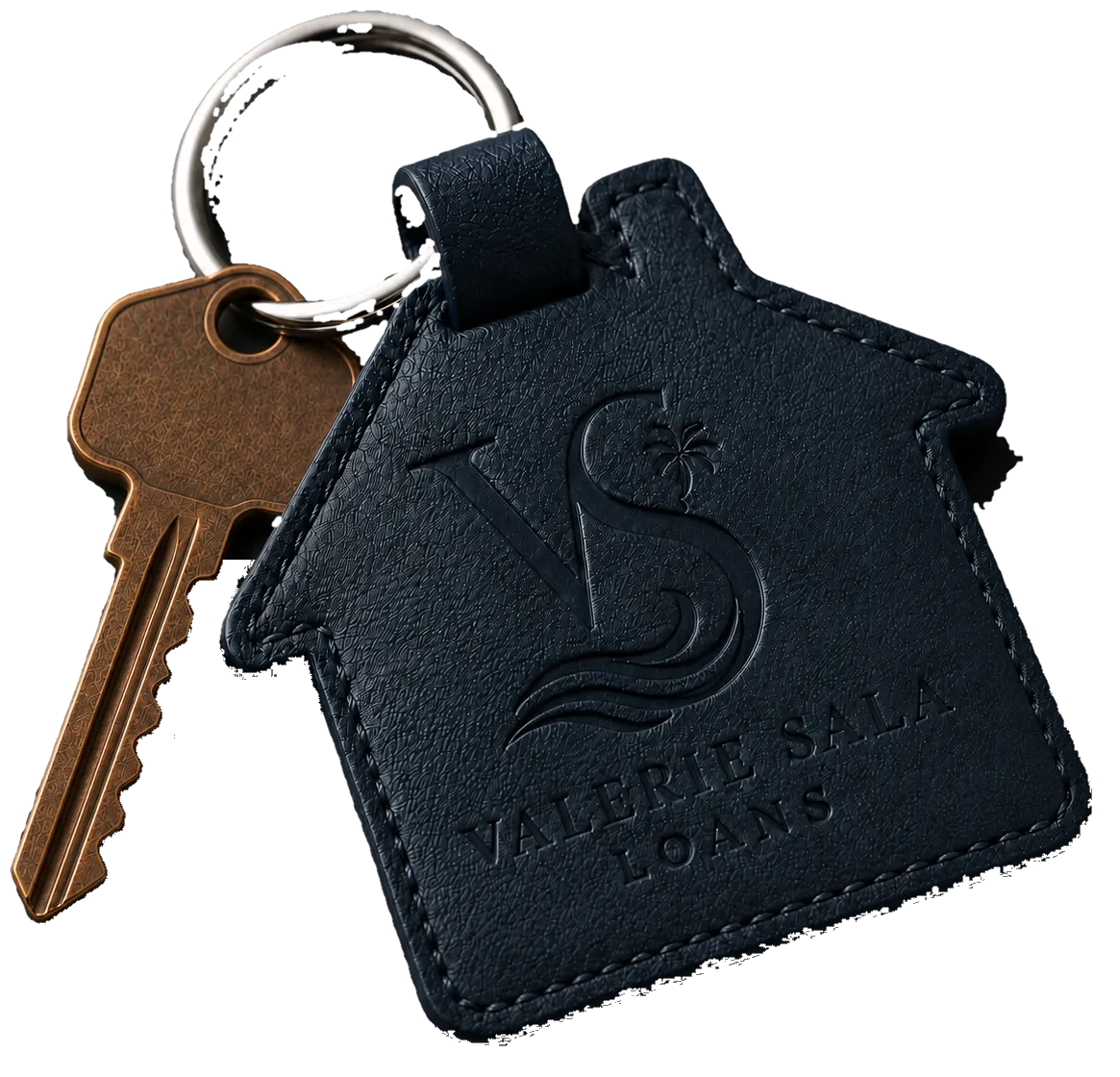 Valerie Sala Loans keychain, navy leather house tag with a brass key